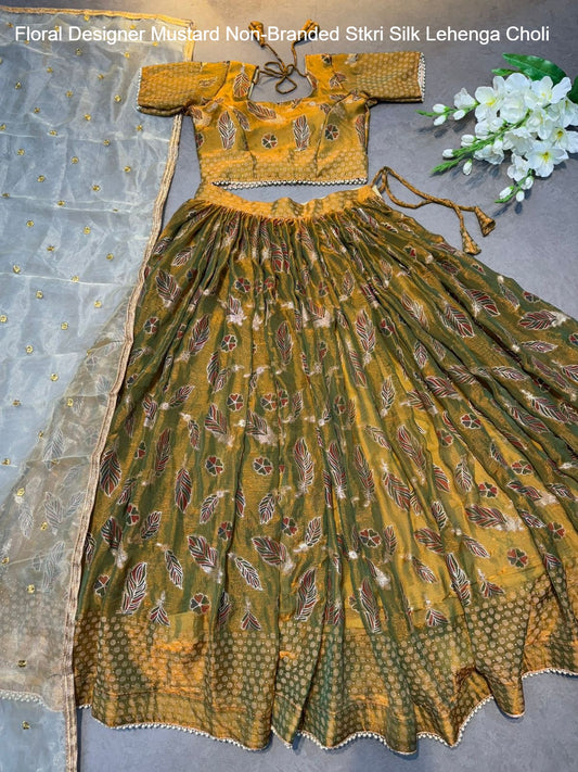 Floral Designer Mustard Non-Branded Stkri Silk Lehenga Choli