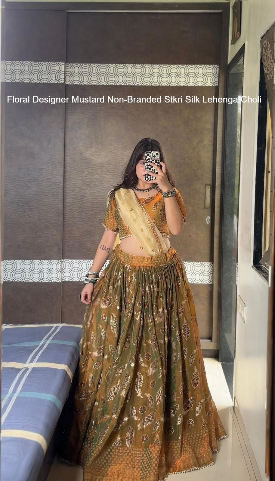 Floral Designer Mustard Non-Branded Stkri Silk Lehenga Choli