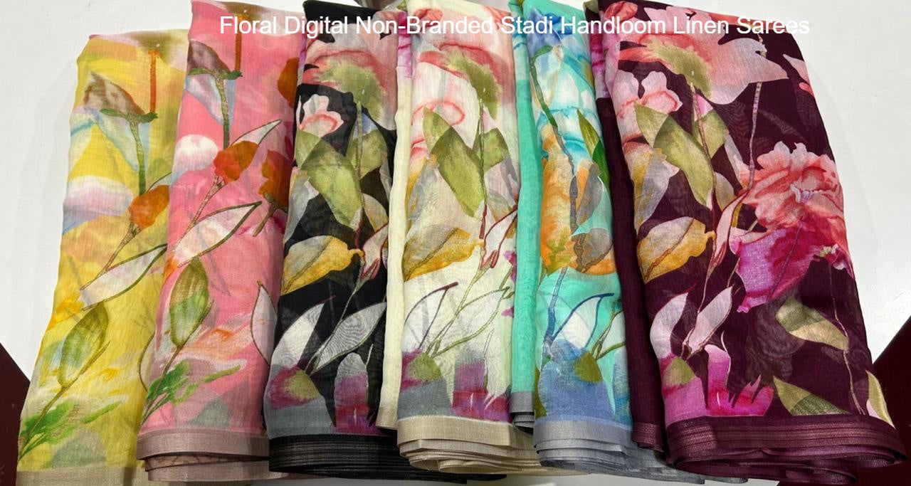 Floral Digital Non-Branded Stadi Handloom Linen Sarees