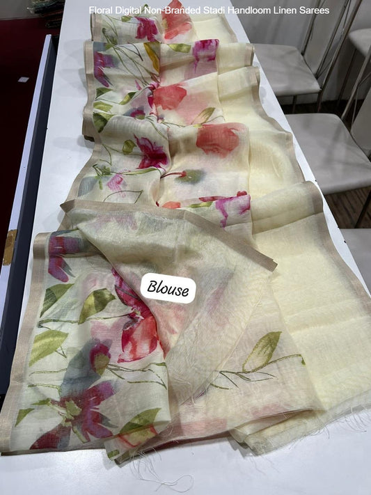 Floral Digital Non-Branded Stadi Handloom Linen Sarees