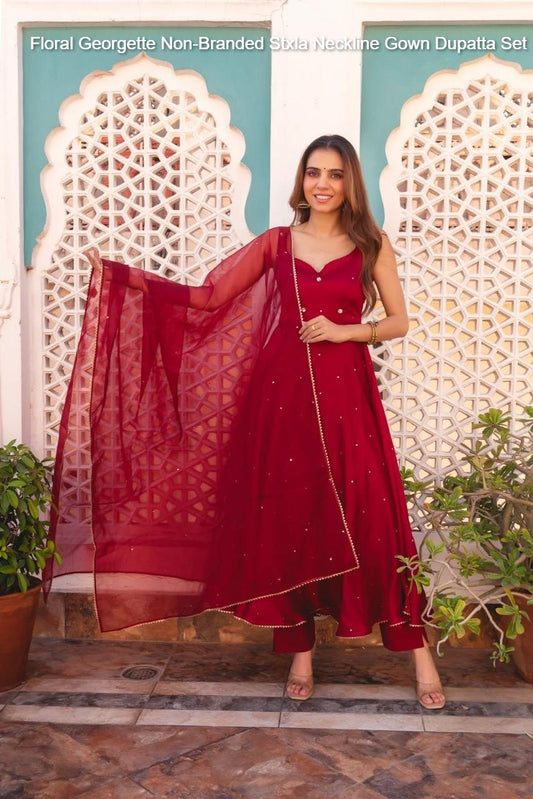 Floral Georgette Non-Branded Stxla Neckline Gown Dupatta Set