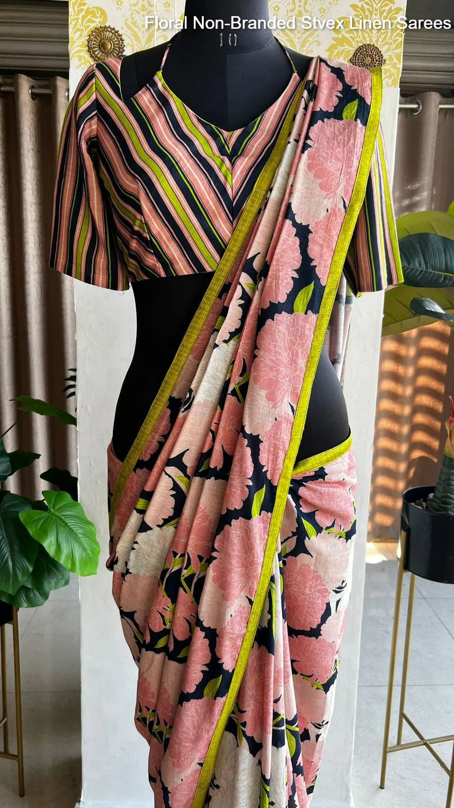 Floral Non-Branded Stvex Linen Sarees