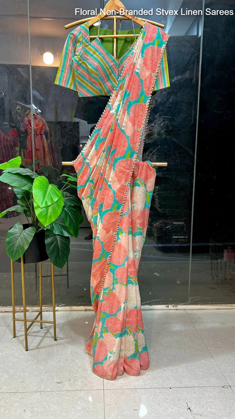 Floral Non-Branded Stvex Linen Sarees