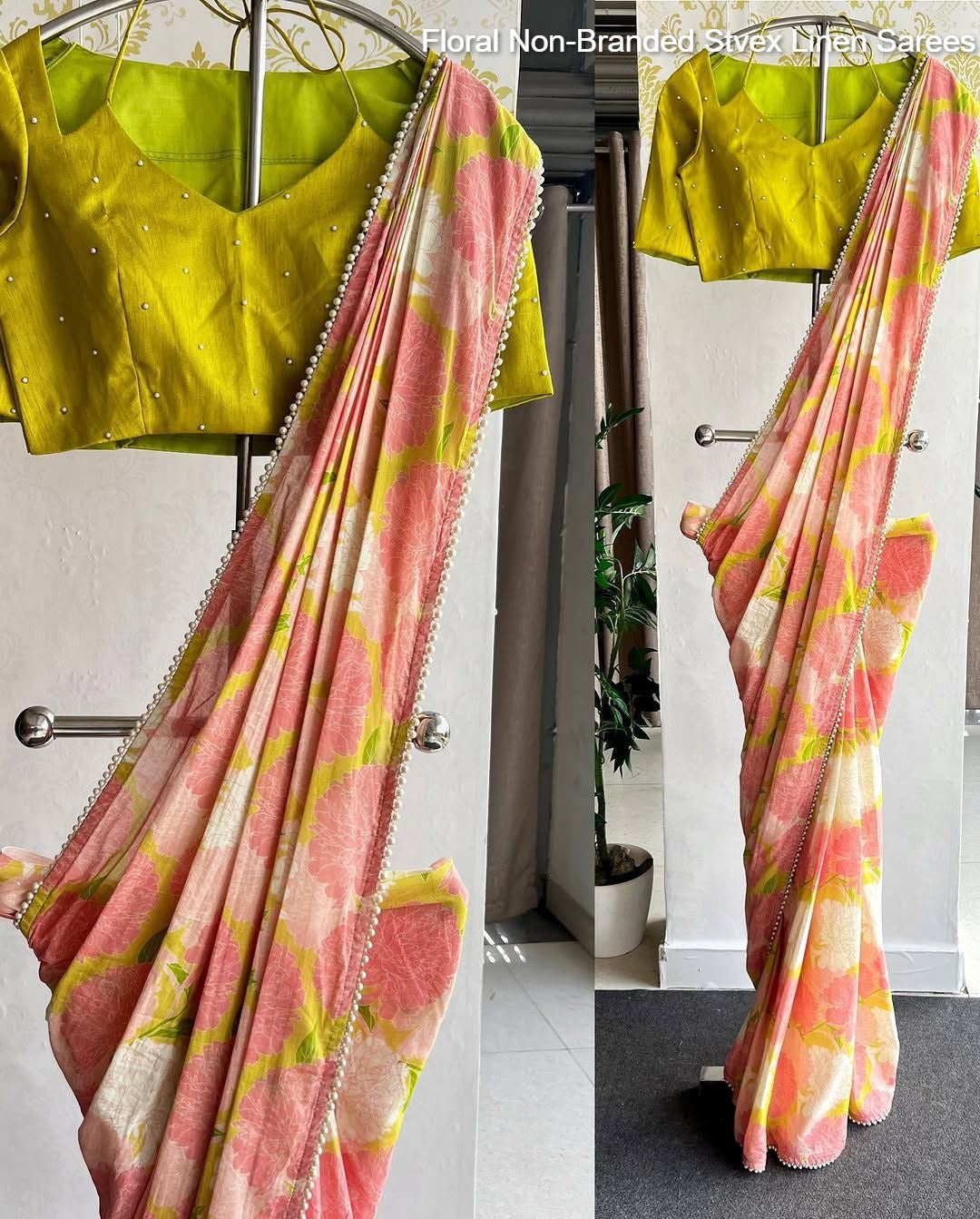 Floral Non-Branded Stvex Linen Sarees