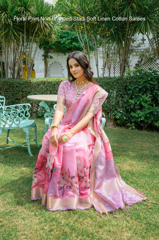 Floral Print Non-Branded Stadi Soft Linen Cotton Sarees
