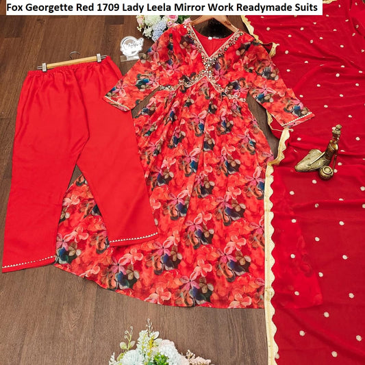 Fox Georgette 1709 Red Lady Leela Mirror Work Readymade Suits