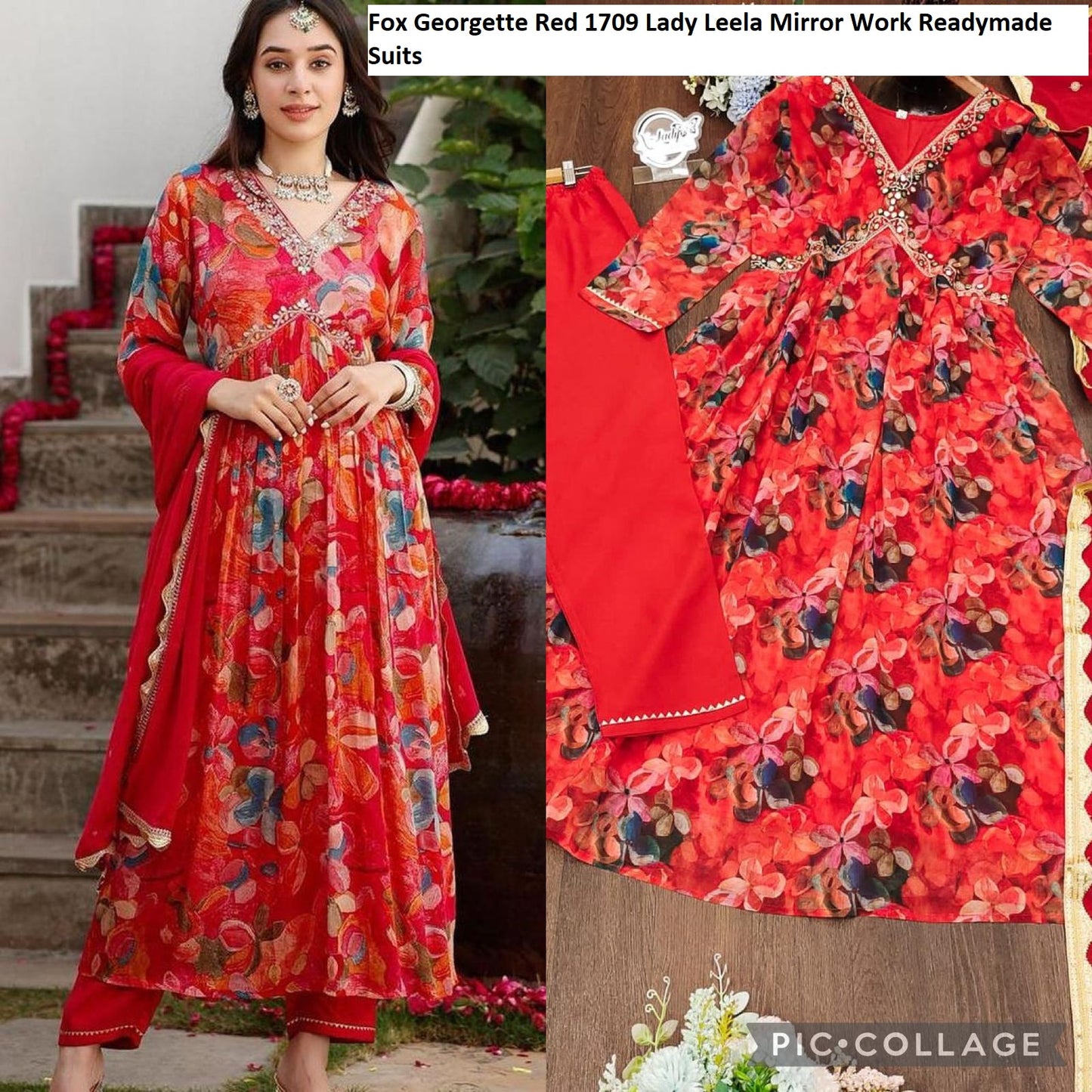 Fox Georgette 1709 Red Lady Leela Mirror Work Readymade Suits