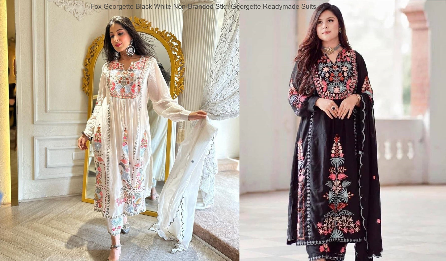 Fox Georgette Black White Non-Branded Stkri Georgette Readymade Suits
