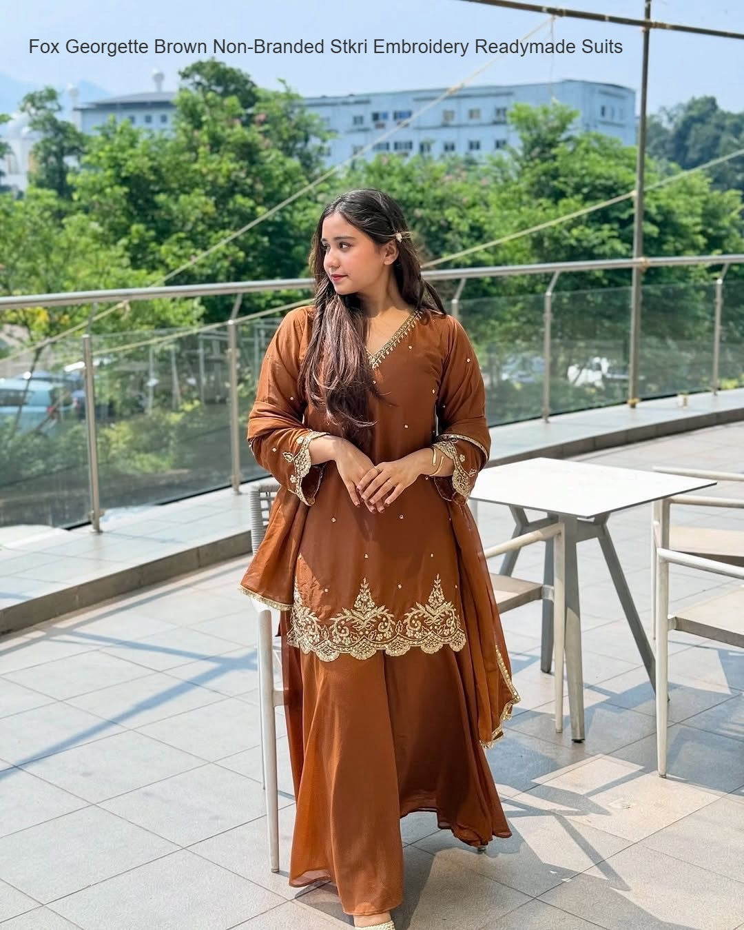 Fox Georgette Brown Non-Branded Stkri Embroidery Readymade Suits