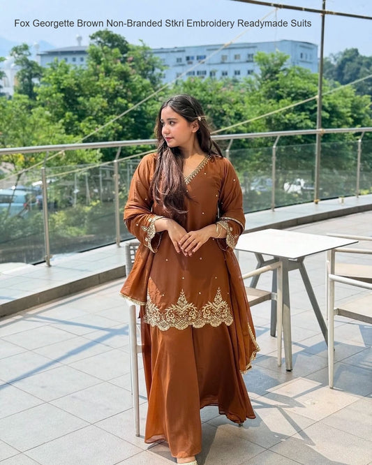 Fox Georgette Brown Non-Branded Stkri Embroidery Readymade Suits