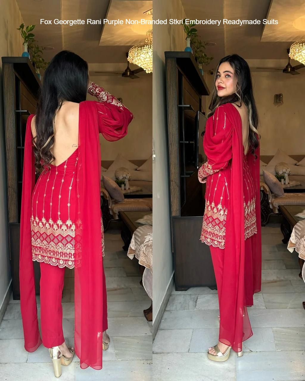 Fox Georgette Rani Purple Non-Branded Stkri Embroidery Readymade Suits