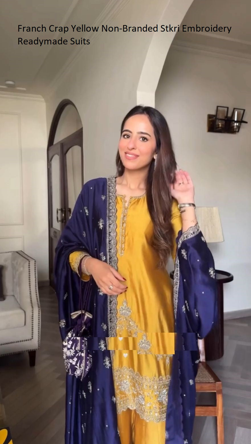 Franch Crap Yellow Non-Branded Stkri Embroidery Readymade Suits