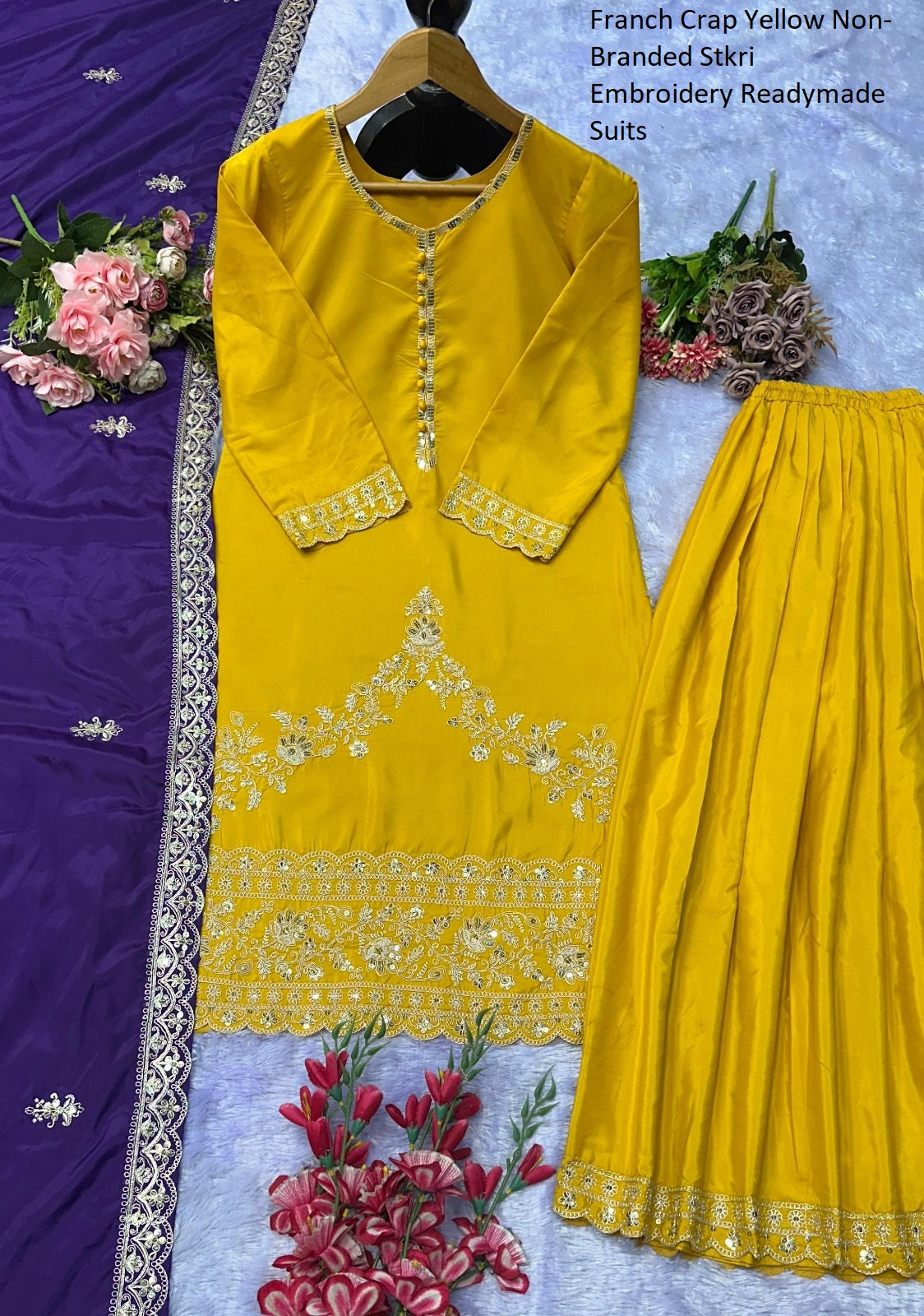 Franch Crap Yellow Non-Branded Stkri Embroidery Readymade Suits