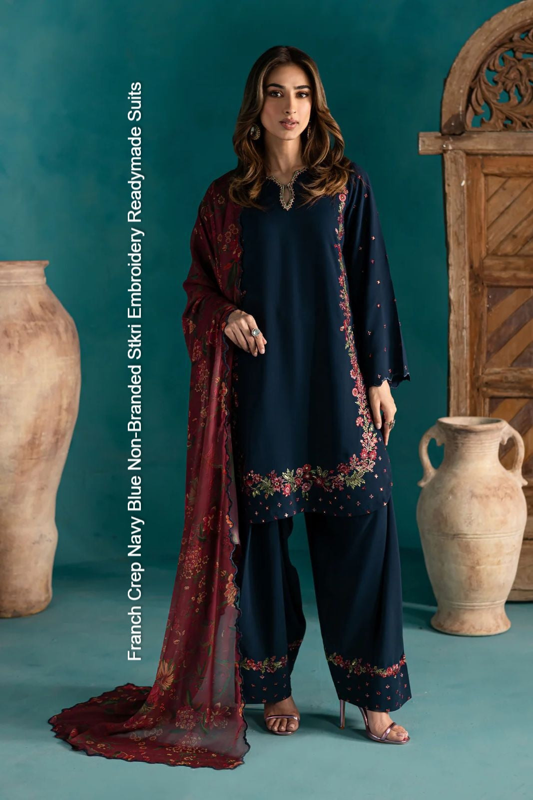 Franch Crep Navy Blue Non-Branded Stkri Embroidery Readymade Suits