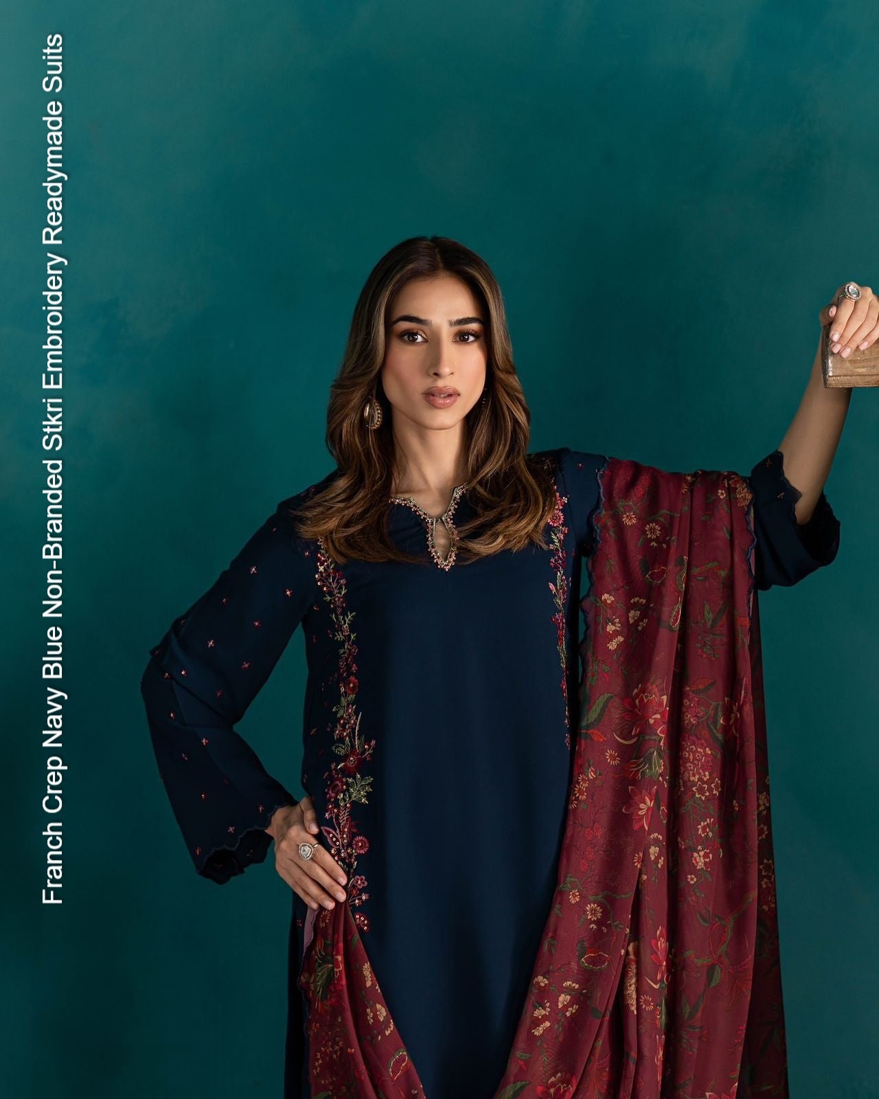 Franch Crep Navy Blue Non-Branded Stkri Embroidery Readymade Suits