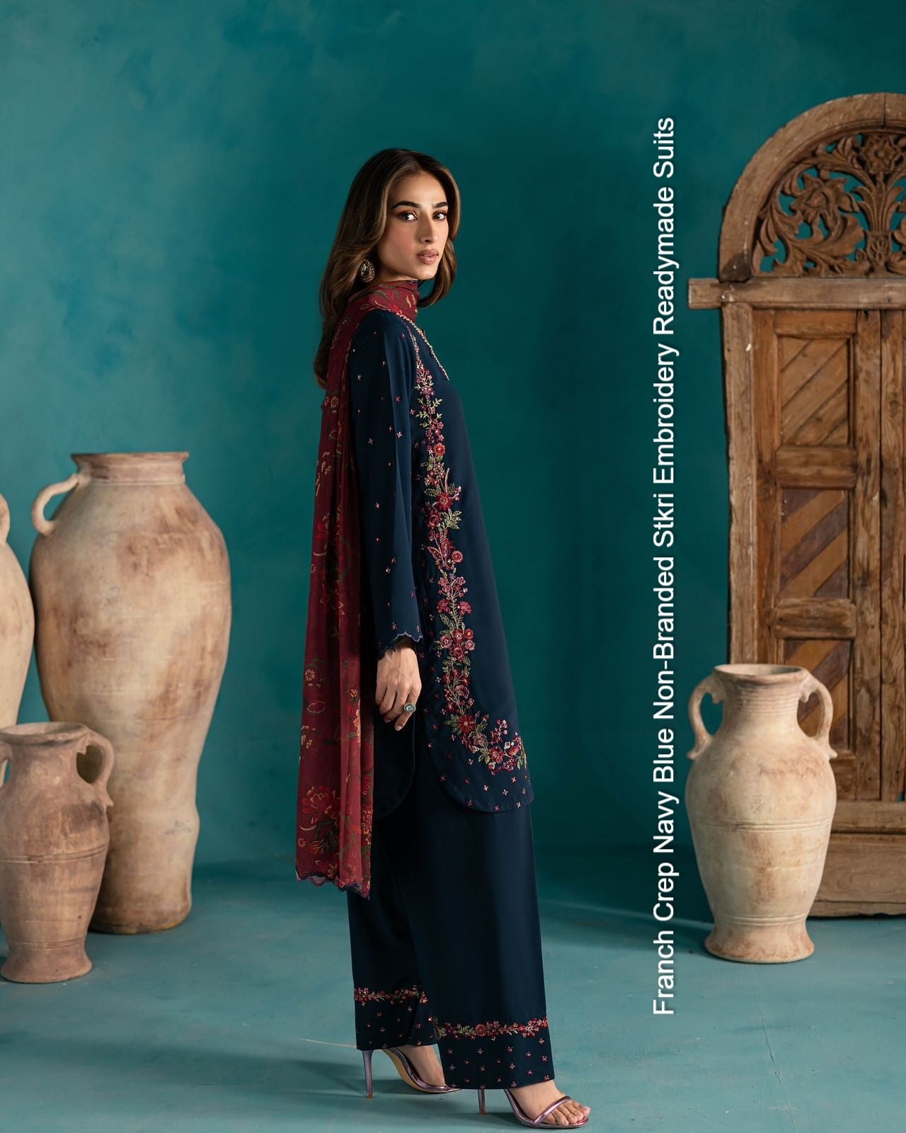 Franch Crep Navy Blue Non-Branded Stkri Embroidery Readymade Suits
