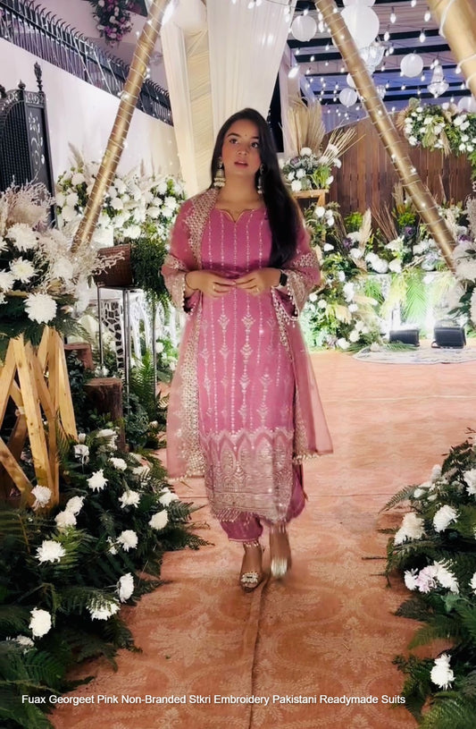 Fuax Georgeet Pink Non-Branded Stkri Embroidery Pakistani Readymade Suits