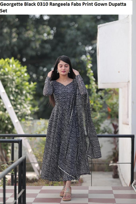 Georgette 0310 Black Rangeela Fabs Print Gown Dupatta Set