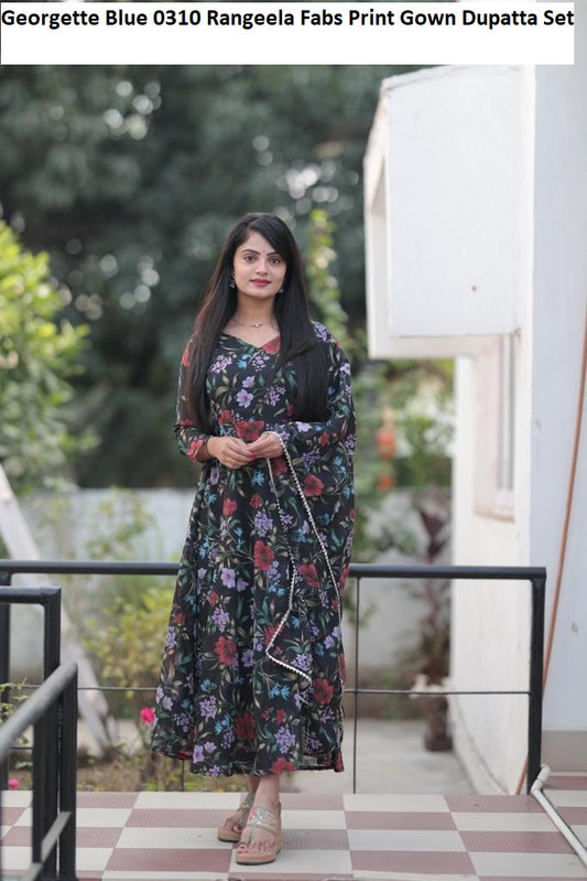 Georgette 0310 Blue Rangeela Fabs Print Gown Dupatta Set
