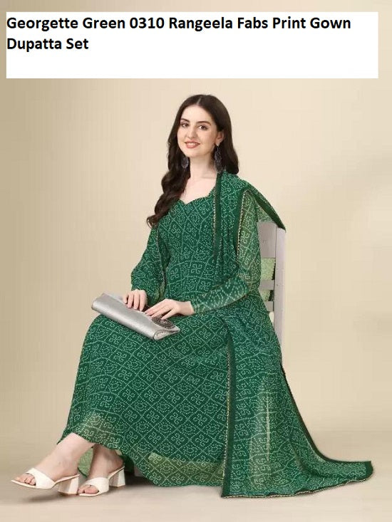 Georgette 0310 Green Rangeela Fabs Print Gown Dupatta Set