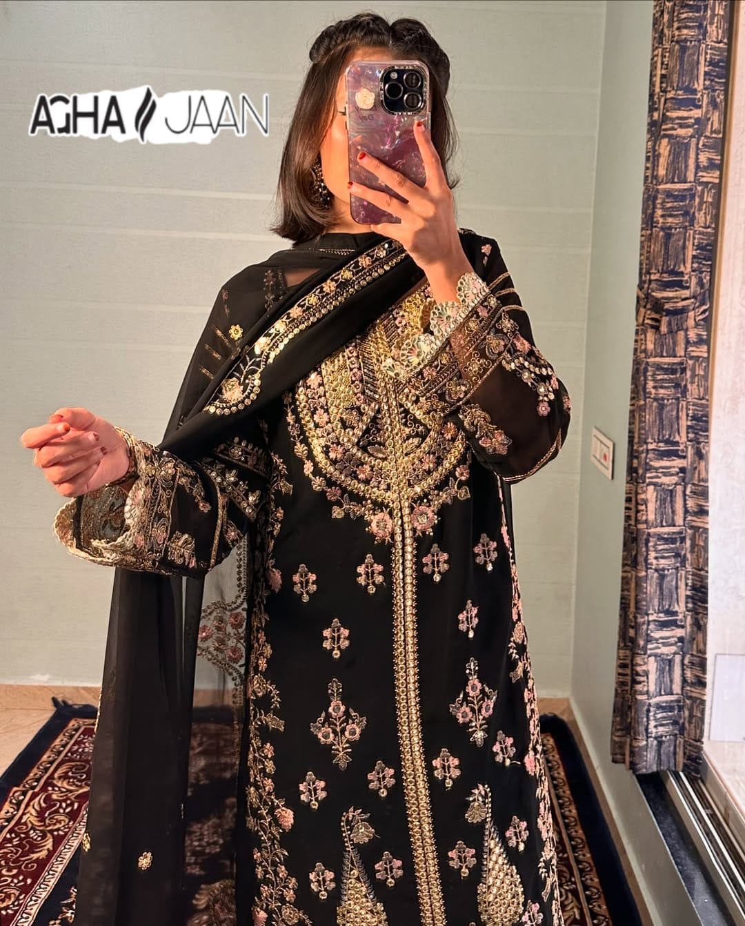 Georgette Black Agha Jaan Mirror Work Pakistani Readymade Suits