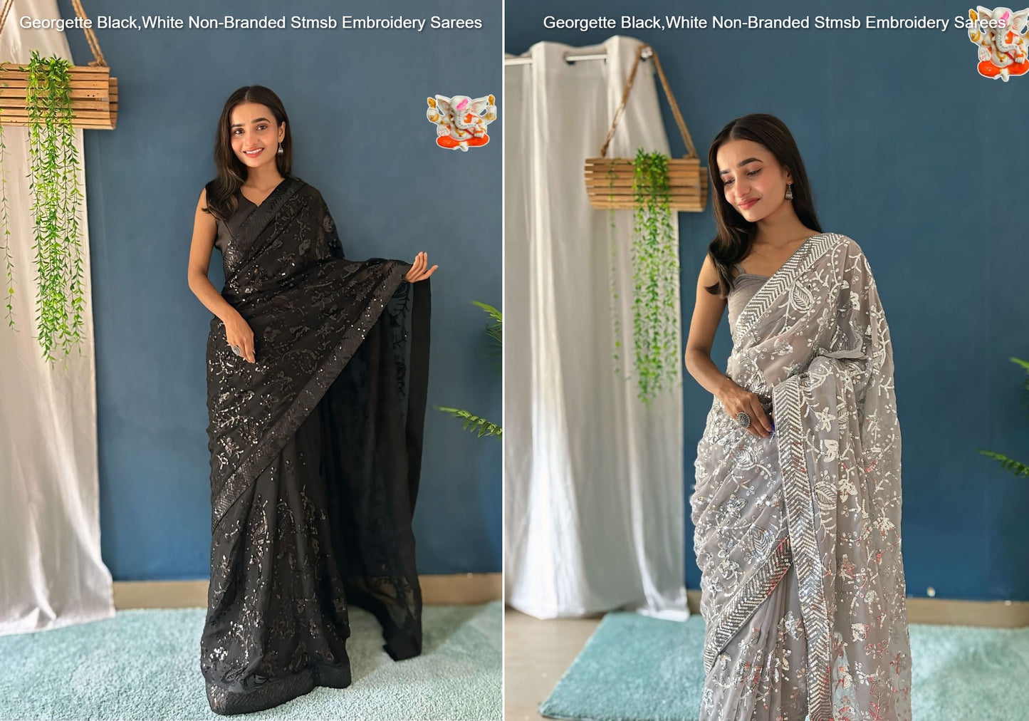 Georgette Black,White Non-Branded Stmsb Embroidery Sarees