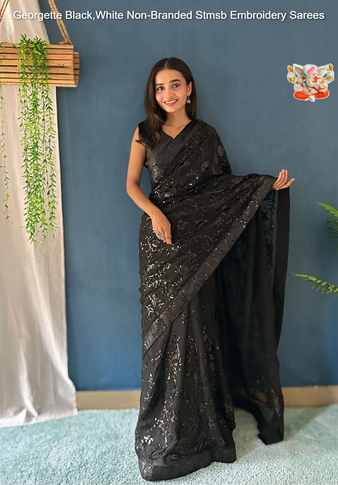 Georgette Black,White Non-Branded Stmsb Embroidery Sarees