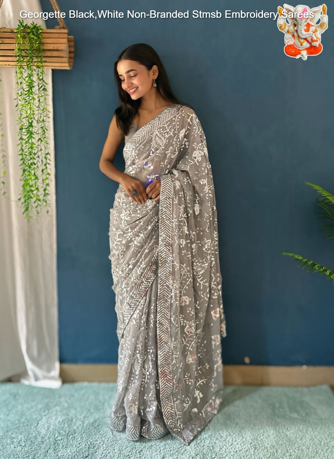 Georgette Black,White Non-Branded Stmsb Embroidery Sarees