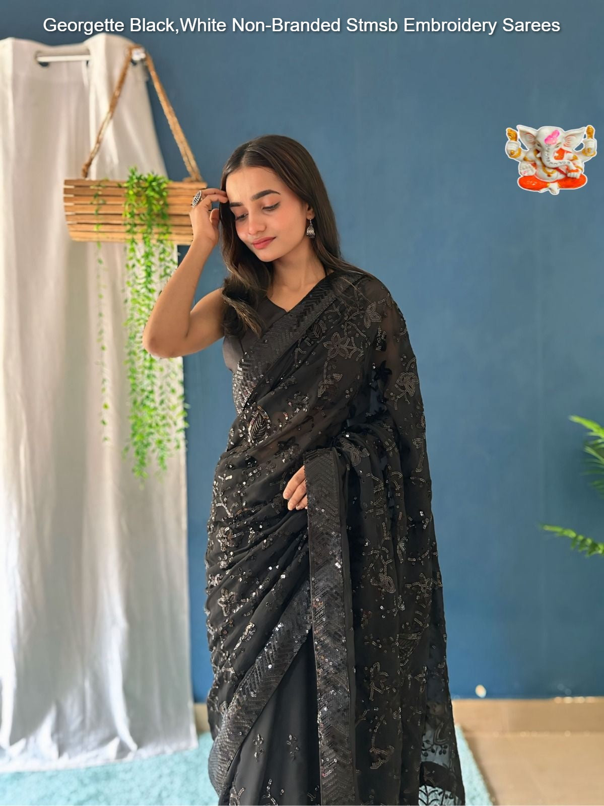 Georgette Black,White Non-Branded Stmsb Embroidery Sarees