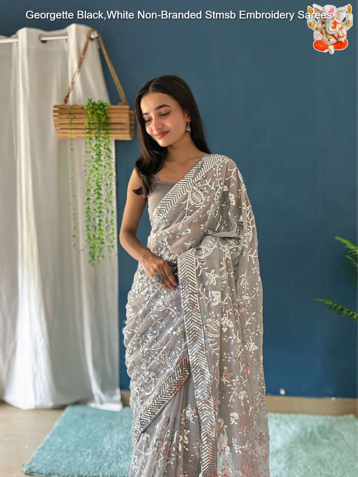 Georgette Black,White Non-Branded Stmsb Embroidery Sarees