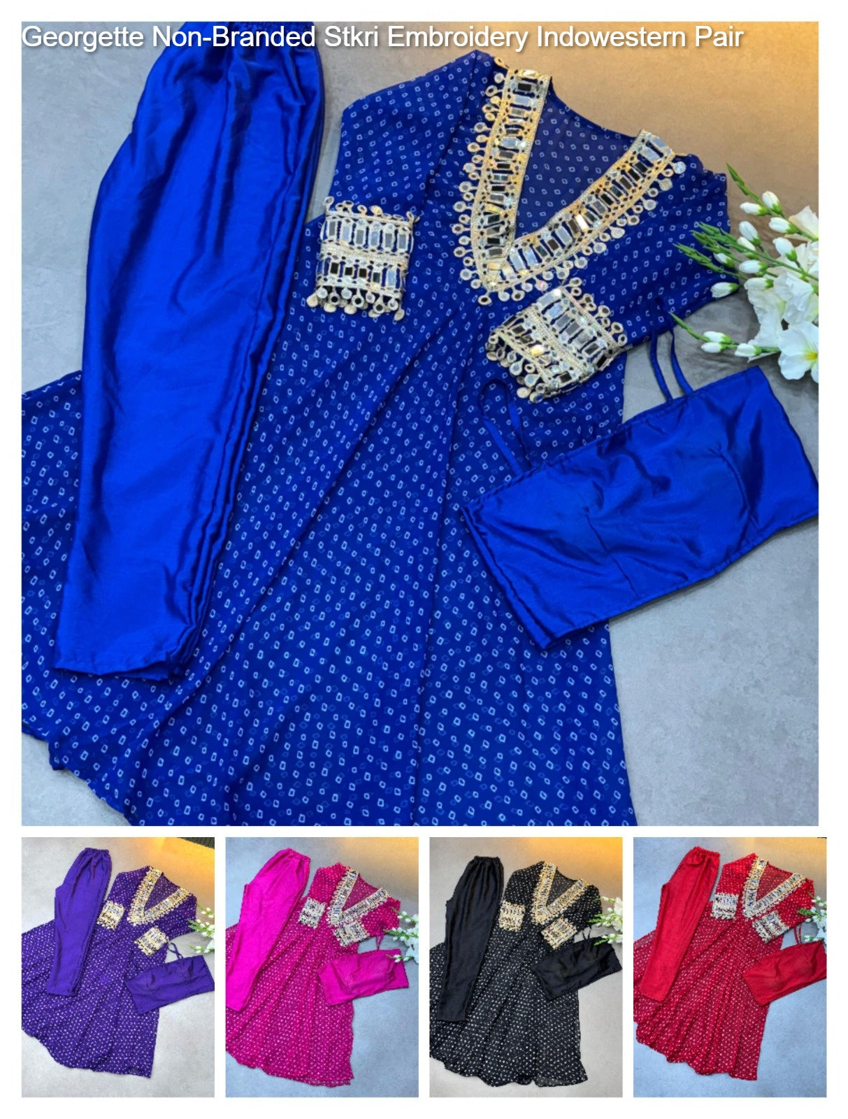 Georgette Non-Branded Stkri Embroidery Indowestern Pair