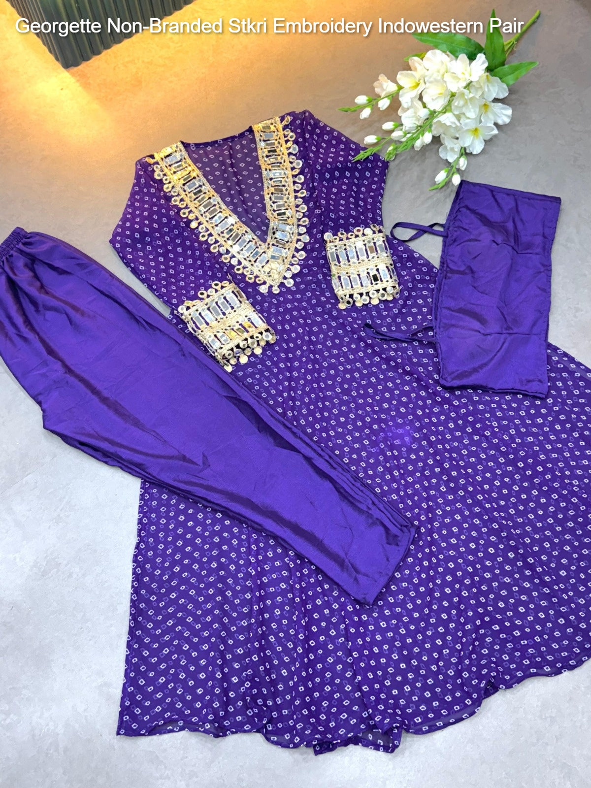 Georgette Non-Branded Stkri Embroidery Indowestern Pair