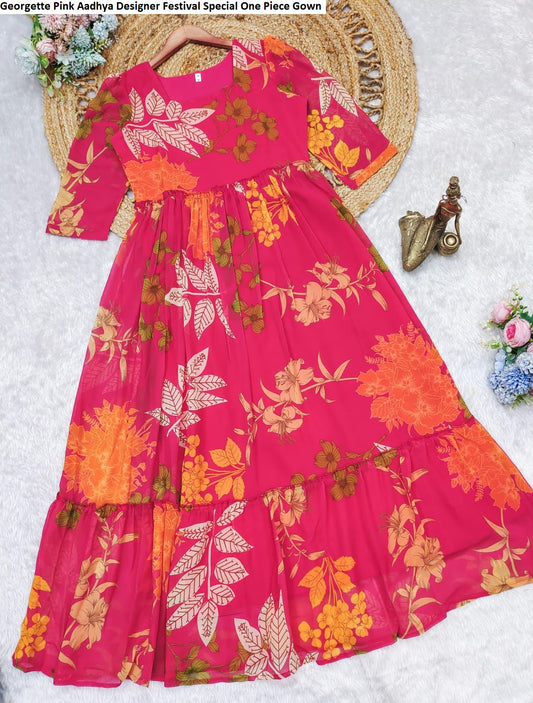 Georgette Pink Aadhya Designer Festival Special One Piece Gown