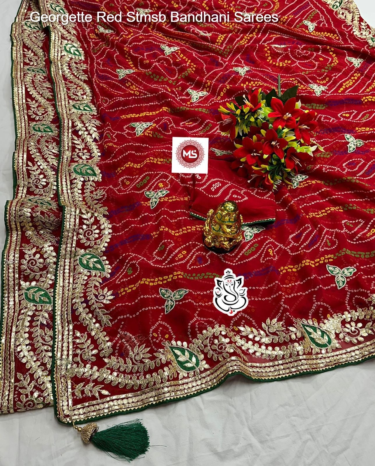 Georgette Red Stmsb Bandhani Sarees