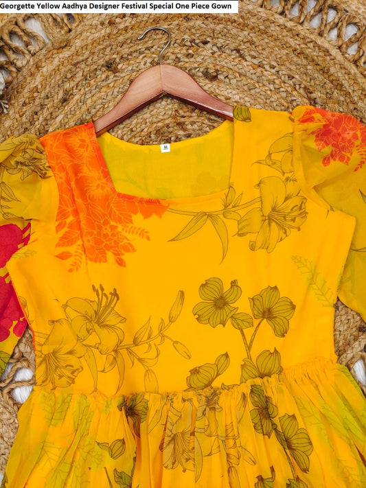 Georgette Yellow Aadhya Designer Festival Special One Piece Gown