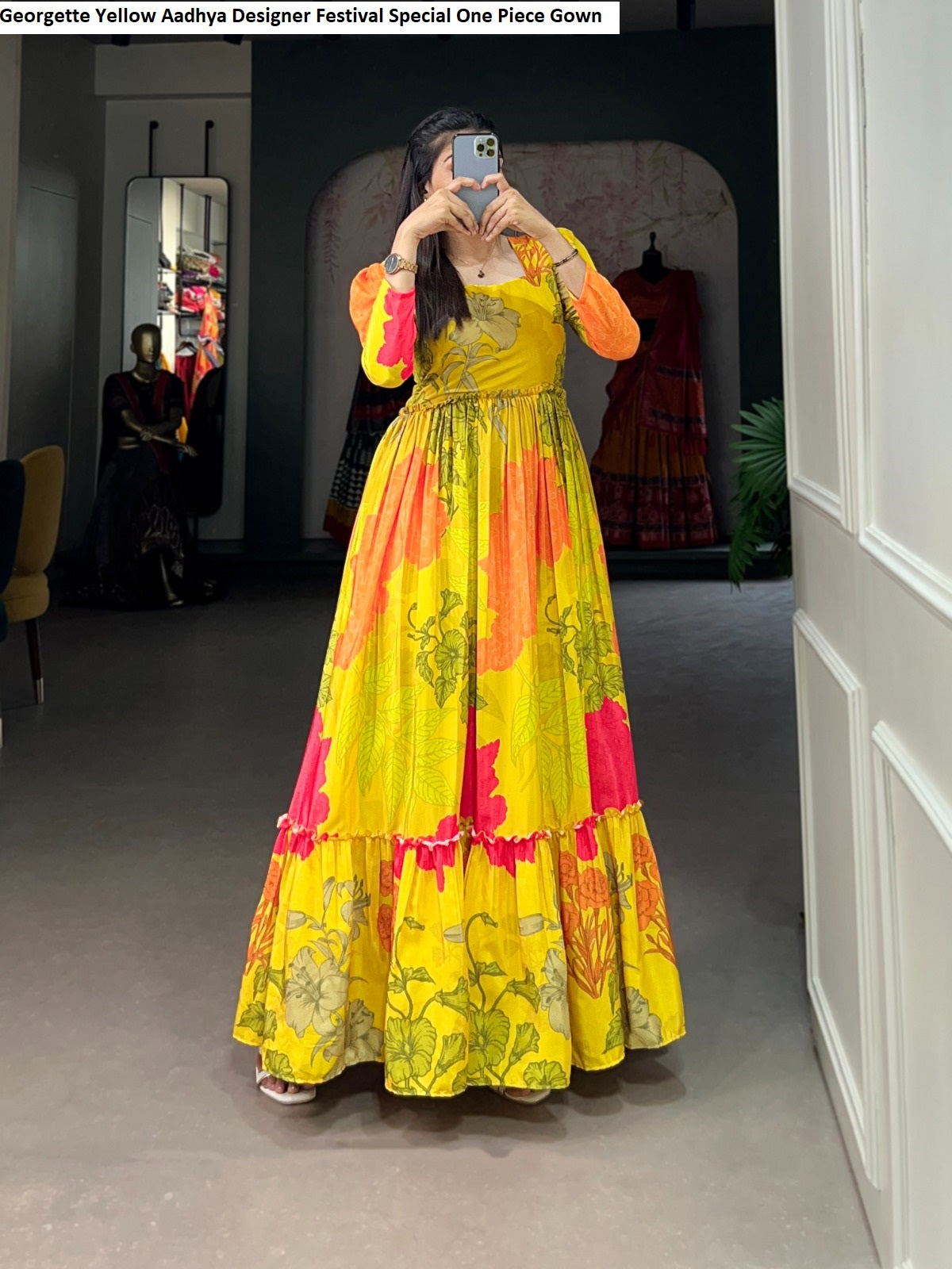 Georgette Yellow Aadhya Designer Festival Special One Piece Gown