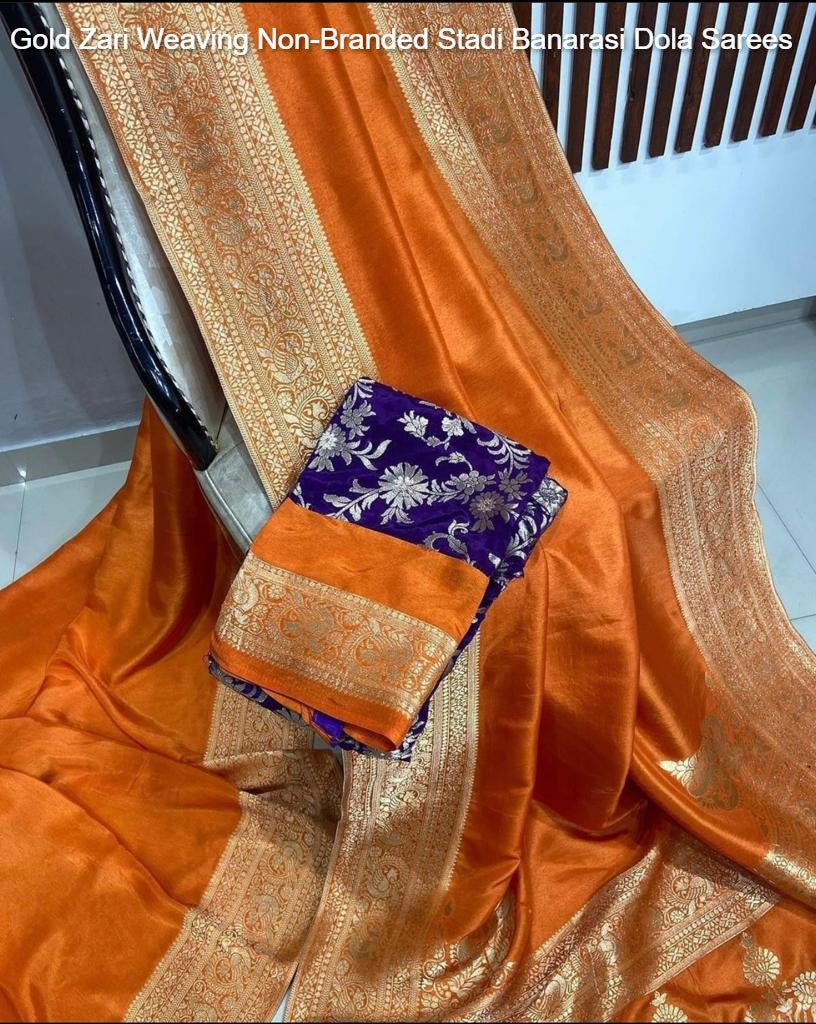 Gold Zari Weaving Non-Branded Stadi Banarasi Dola Sarees