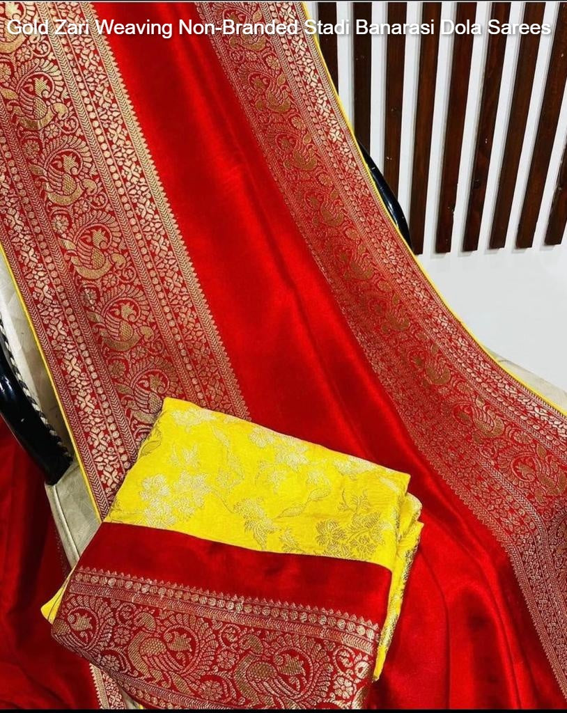 Gold Zari Weaving Non-Branded Stadi Banarasi Dola Sarees