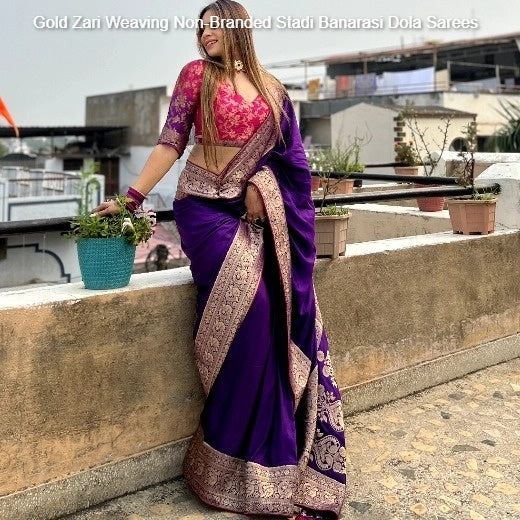 Gold Zari Weaving Non-Branded Stadi Banarasi Dola Sarees