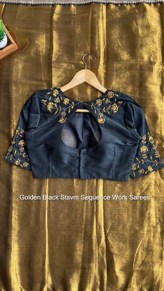 Golden Black Stsvm Sequence Work Sarees