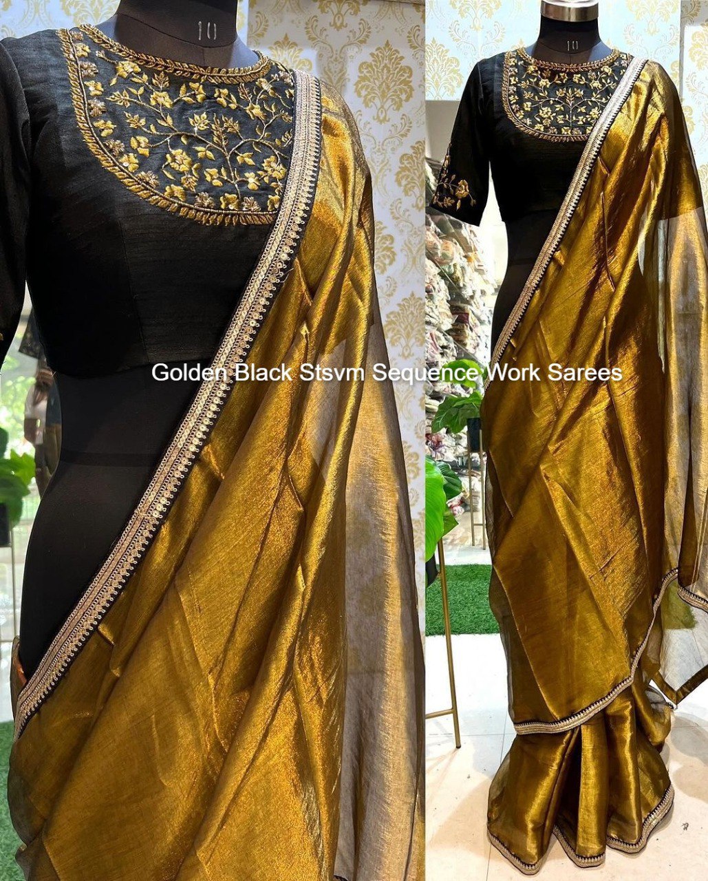 Golden Black Stsvm Sequence Work Sarees