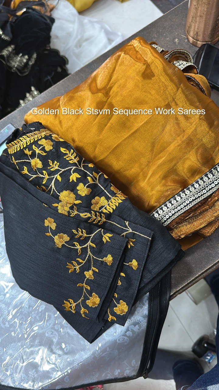 Golden Black Stsvm Sequence Work Sarees