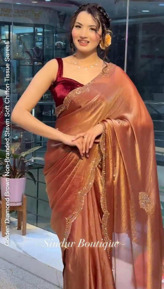 Golden Diamond Brown Non-Branded Stsvm Soft Chiffon Tissue Sarees
