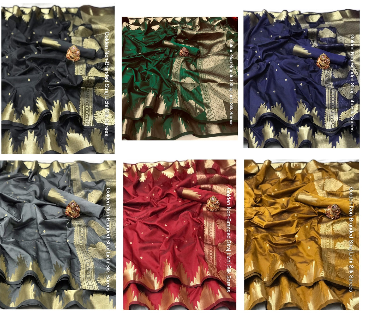 Golden Non-Branded Straj Lichi Silk Sarees