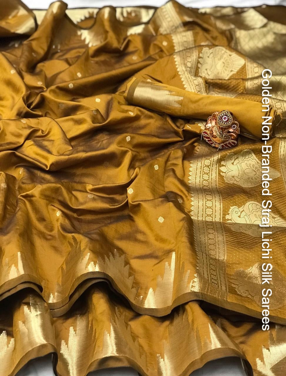 Golden Non-Branded Straj Lichi Silk Sarees