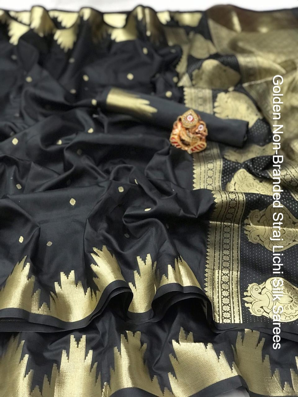 Golden Non-Branded Straj Lichi Silk Sarees