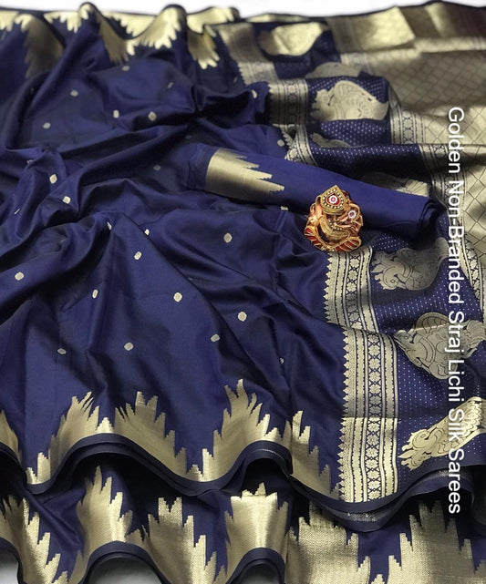 Golden Non-Branded Straj Lichi Silk Sarees
