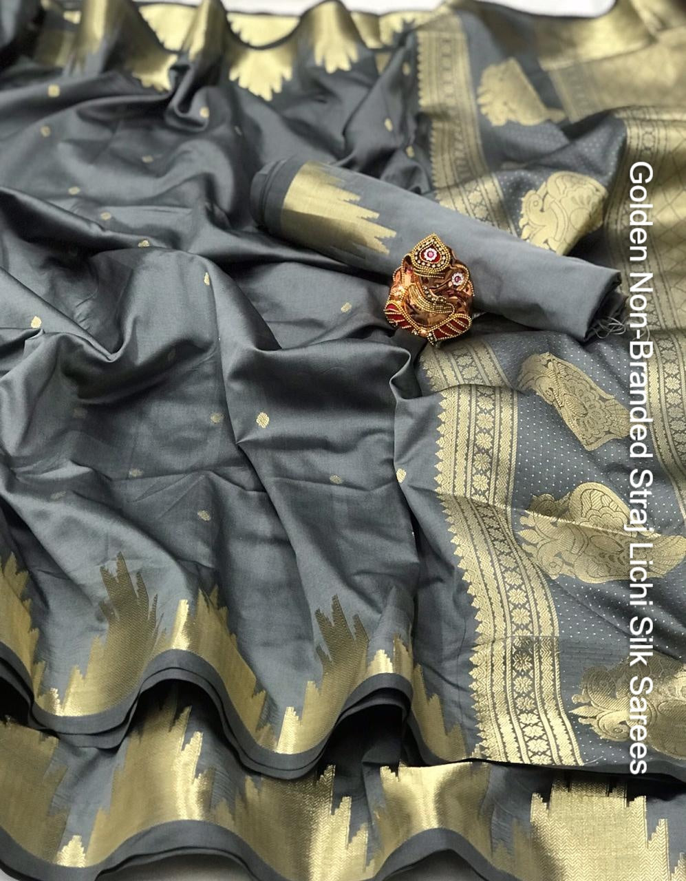 Golden Non-Branded Straj Lichi Silk Sarees