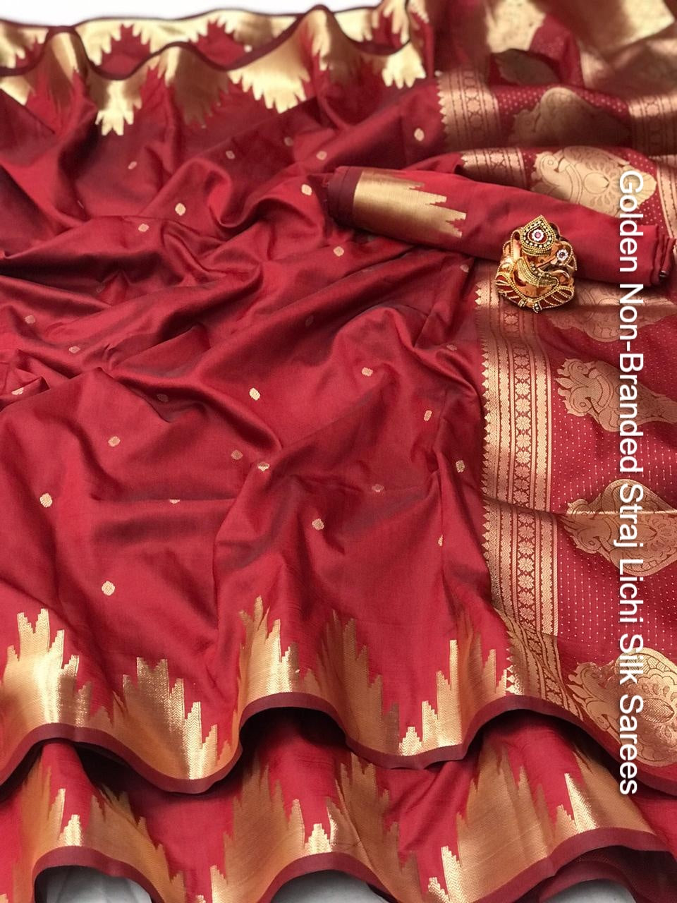 Golden Non-Branded Straj Lichi Silk Sarees