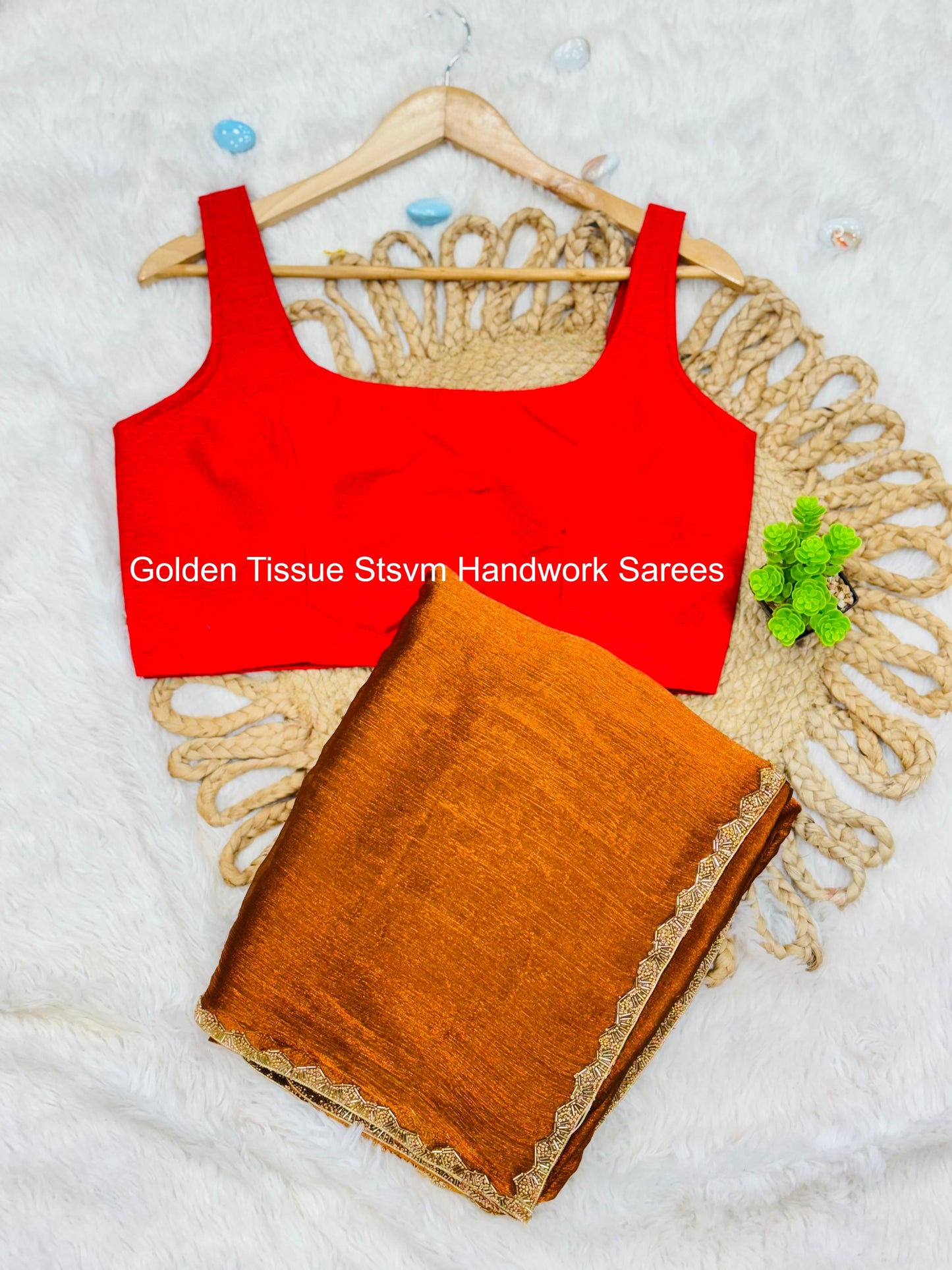 Golden Tissue Stsvm Handwork Sarees